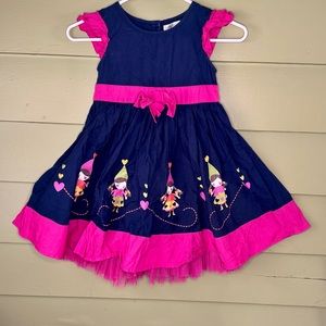 Girls' Navy and Pink Dress with Girl Gnome Design SZ 6
